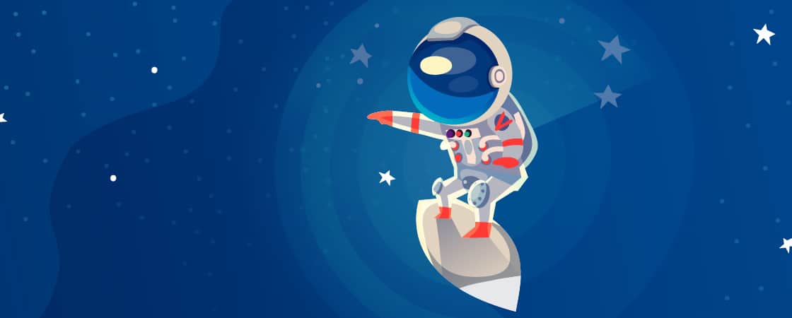 Cartoon spaceman surfing in space
