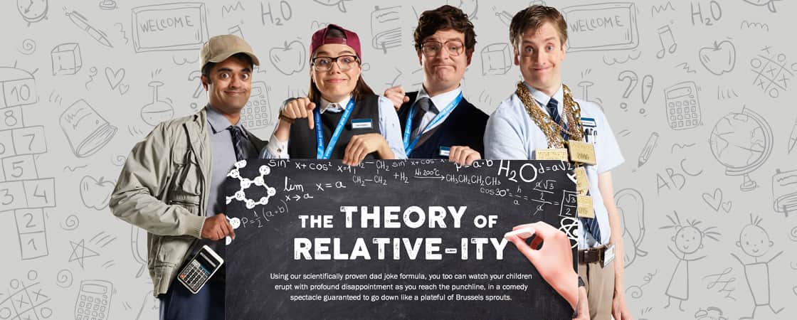 MBNA Geeks holding sign saying 'The Theory of Relative-ity