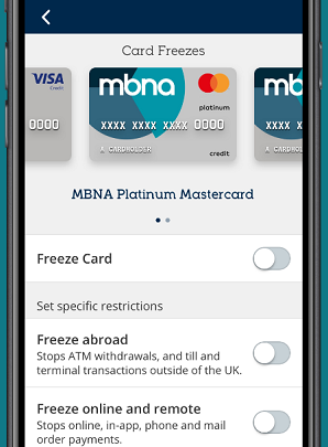 MBNA Card freeze screen, with examples of transactions that can be frozen or unfrozen