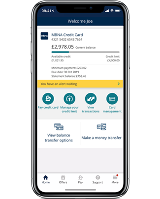 Smartphone with MBNA online card services on screen