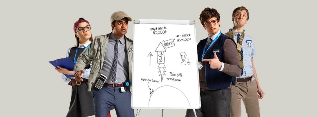 MBNA geeks with flip chart showing a cartoon rocket